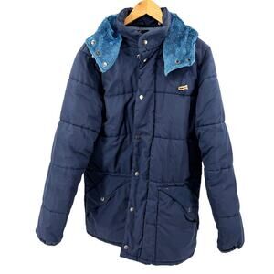 Vintage 70s Sears Navy Blue Snapped Removable Hood Puffer Parka Jacket